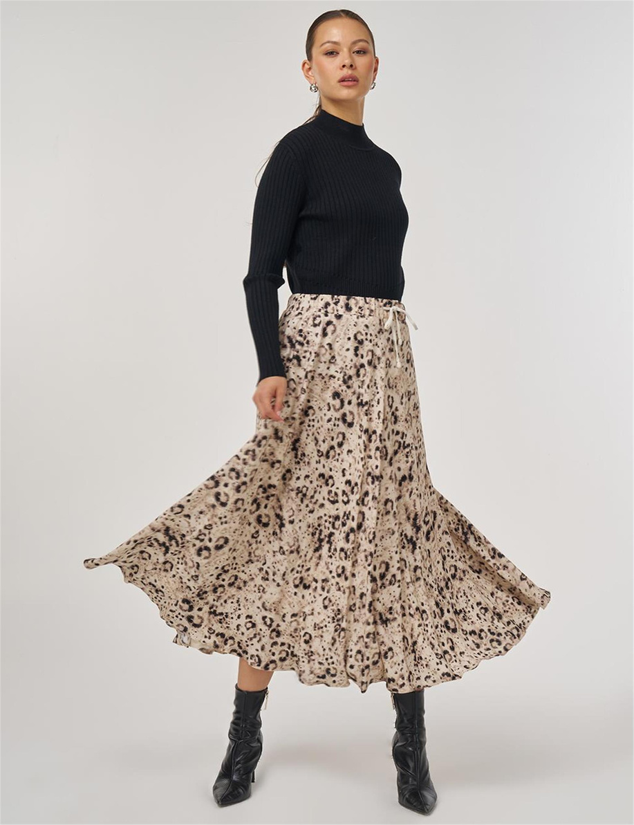 Leopar Desenli Piliseli Etek Krem