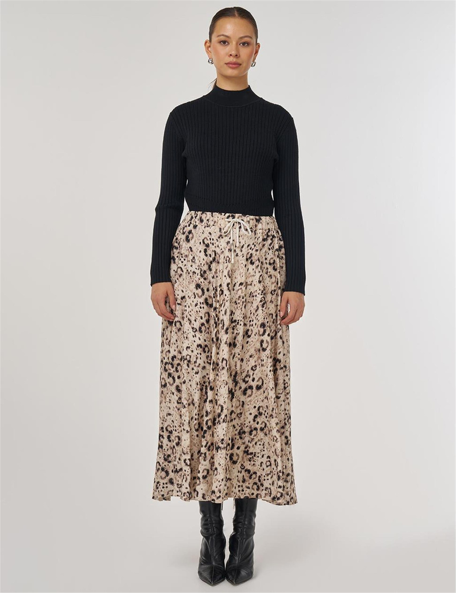 Leopar Desenli Piliseli Etek Krem