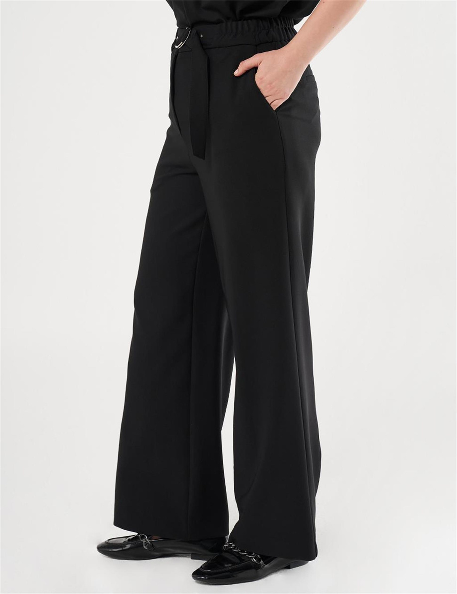 Metal Toka Detaylı Yüksek Bel Pantolon Siyah