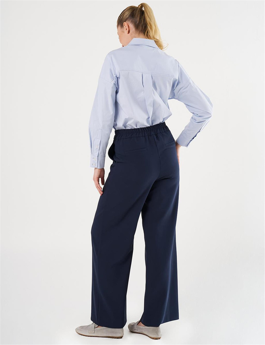 Metal Toka Detaylı Yüksek Bel Pantolon Koyu Lacivert