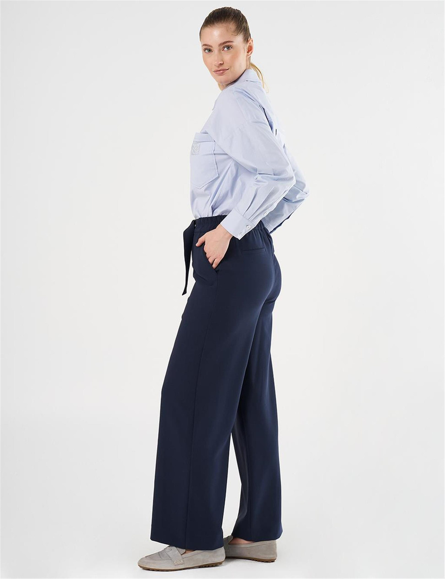 Metal Toka Detaylı Yüksek Bel Pantolon Koyu Lacivert