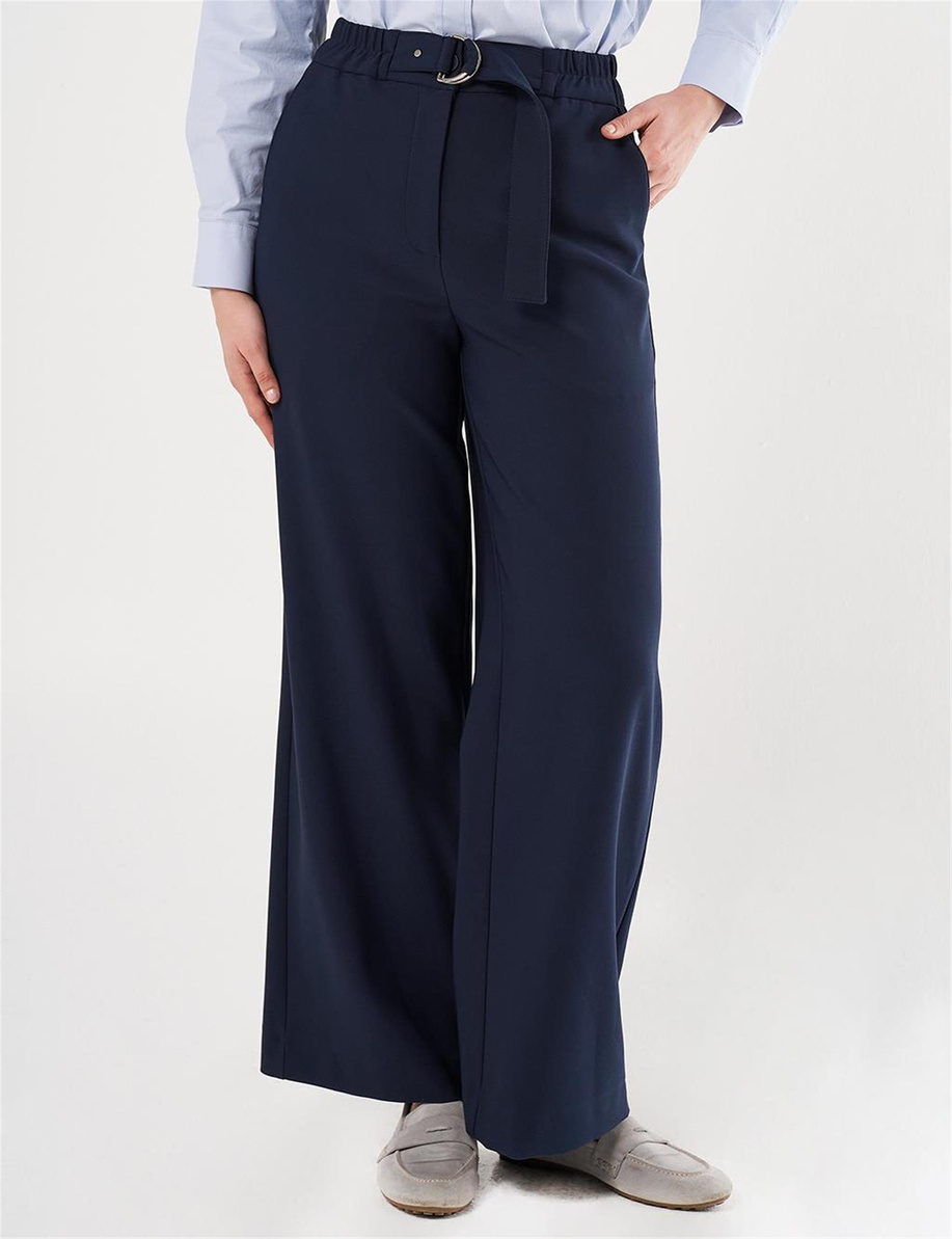 Metal Toka Detaylı Yüksek Bel Pantolon Koyu Lacivert