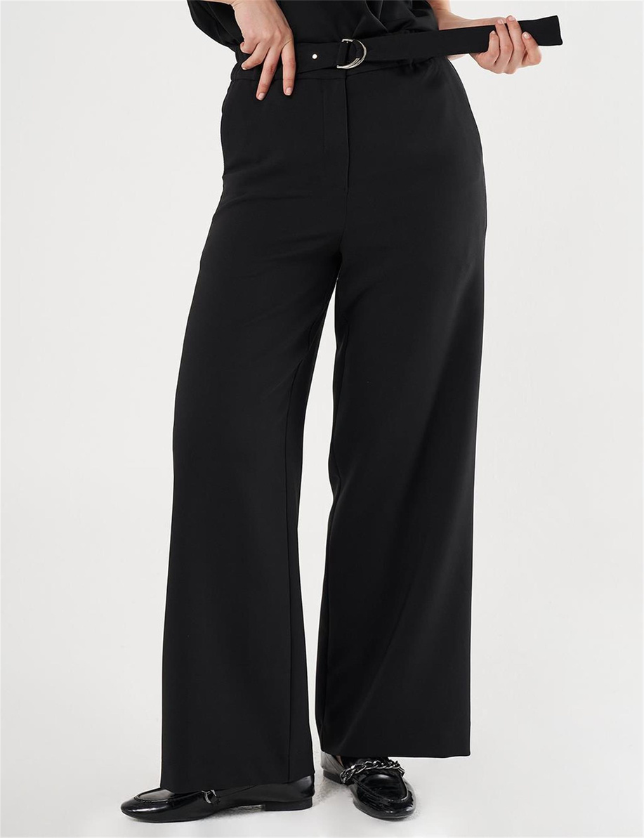 Metal Toka Detaylı Yüksek Bel Pantolon Siyah