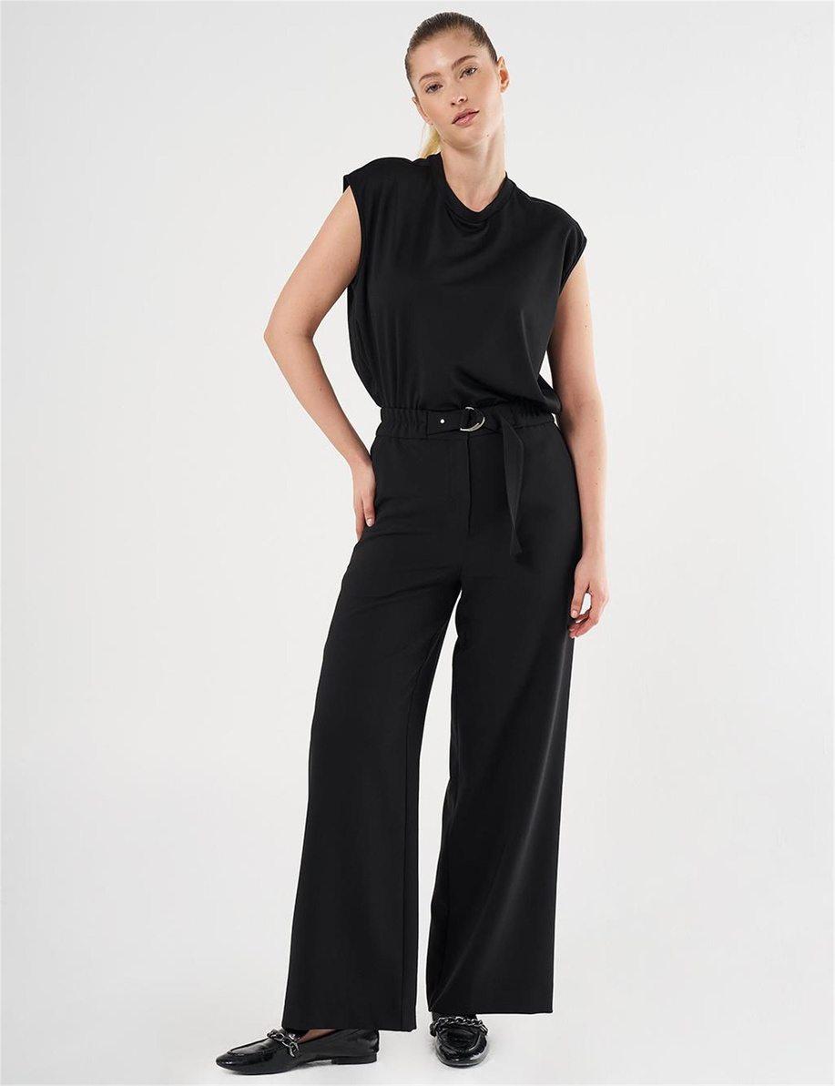 Metal Toka Detaylı Yüksek Bel Pantolon Siyah