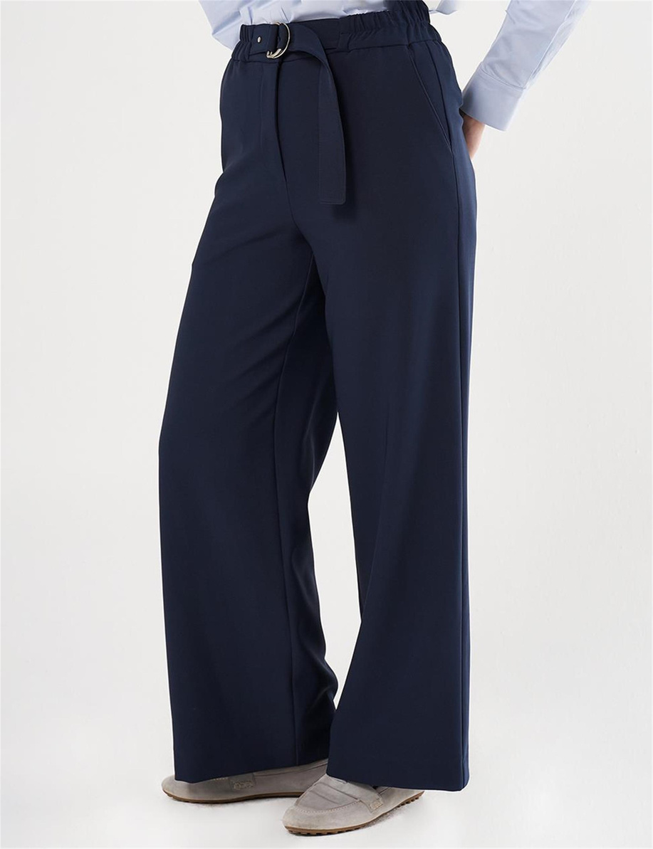 Metal Toka Detaylı Yüksek Bel Pantolon Koyu Lacivert