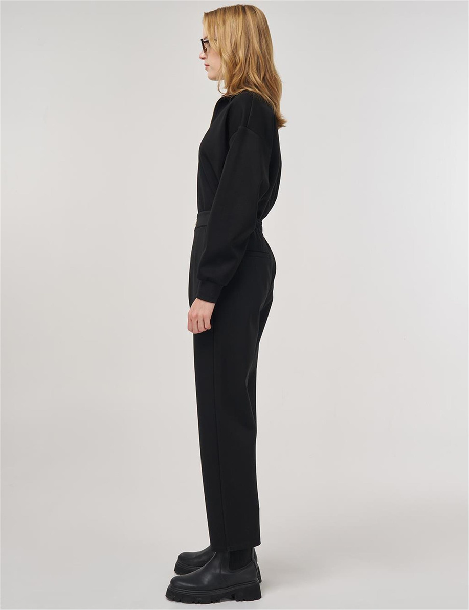 Metal Tokalı Boru Paça Pantolon Siyah