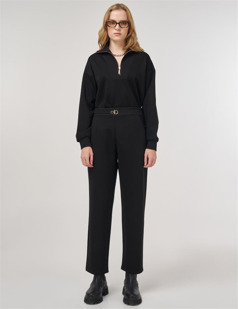 Metal Tokalı Boru Paça Pantolon Siyah