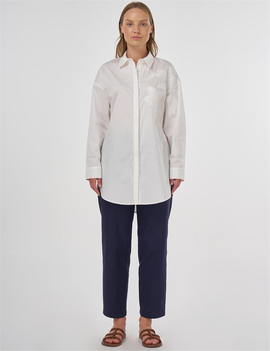 Nakış Aplikeli Pamuklu Tunik Ekru