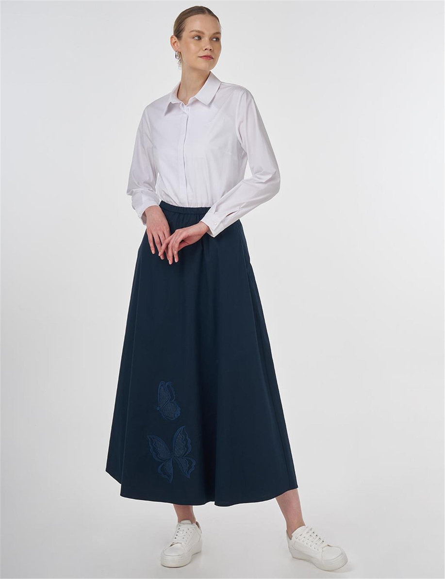 Nakış İşlemeli Çan Etek Koyu Lacivert