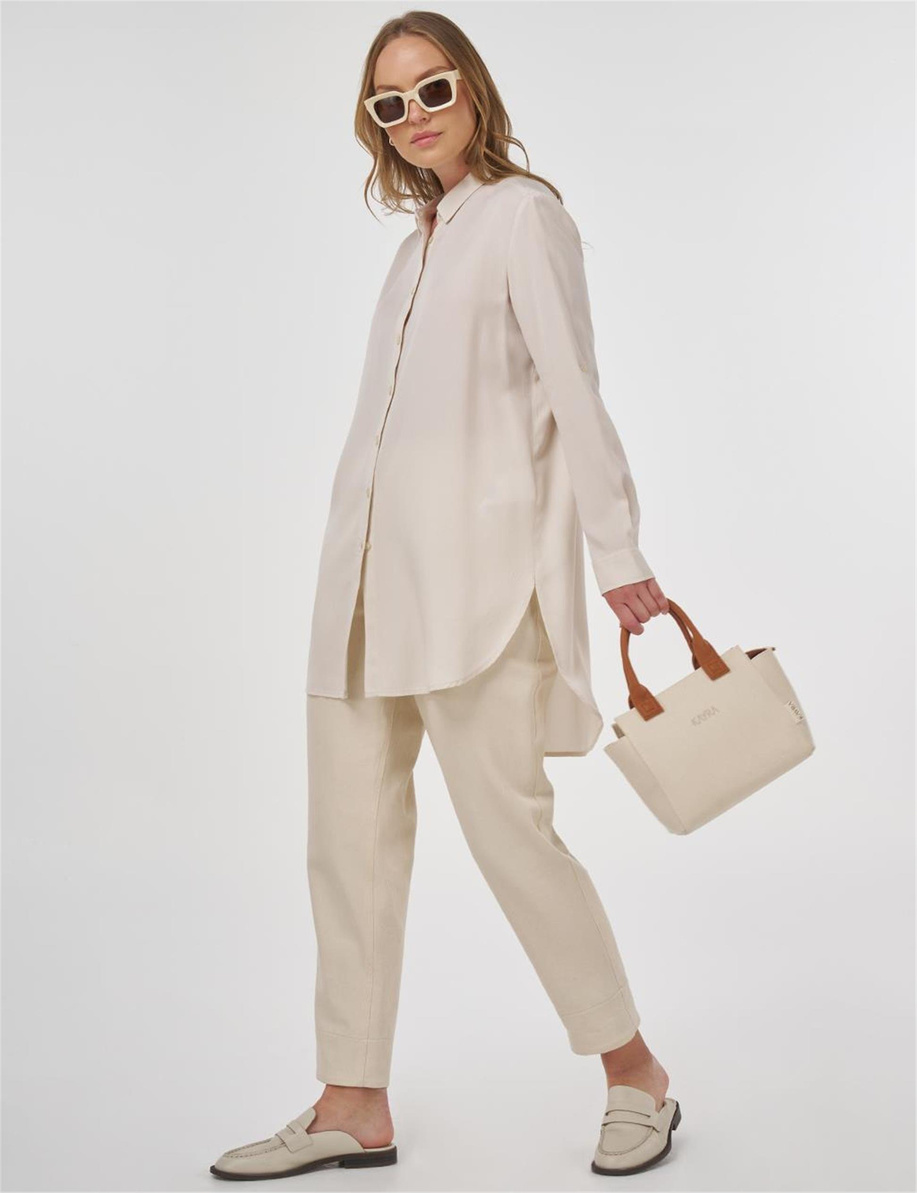 Nakış İşlemeli Lyocell Tunik Ekru