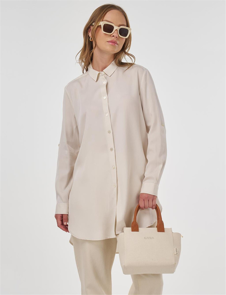 Nakış İşlemeli Lyocell Tunik Ekru