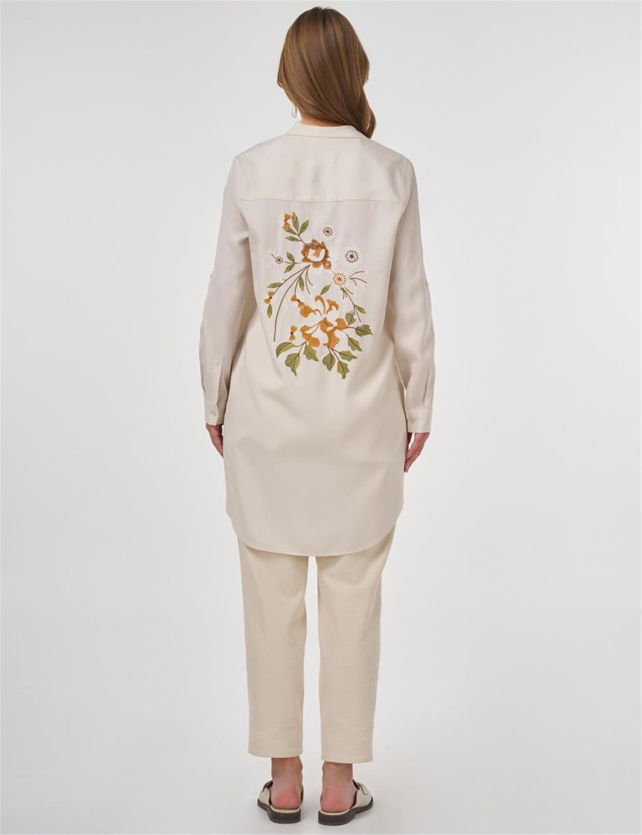 Nakış İşlemeli Lyocell Tunik Ekru