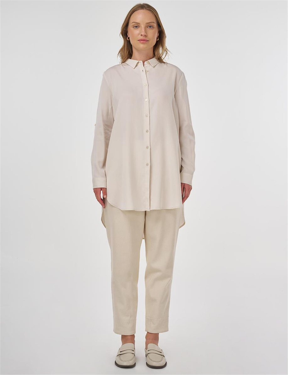 Nakış İşlemeli Lyocell Tunik Ekru