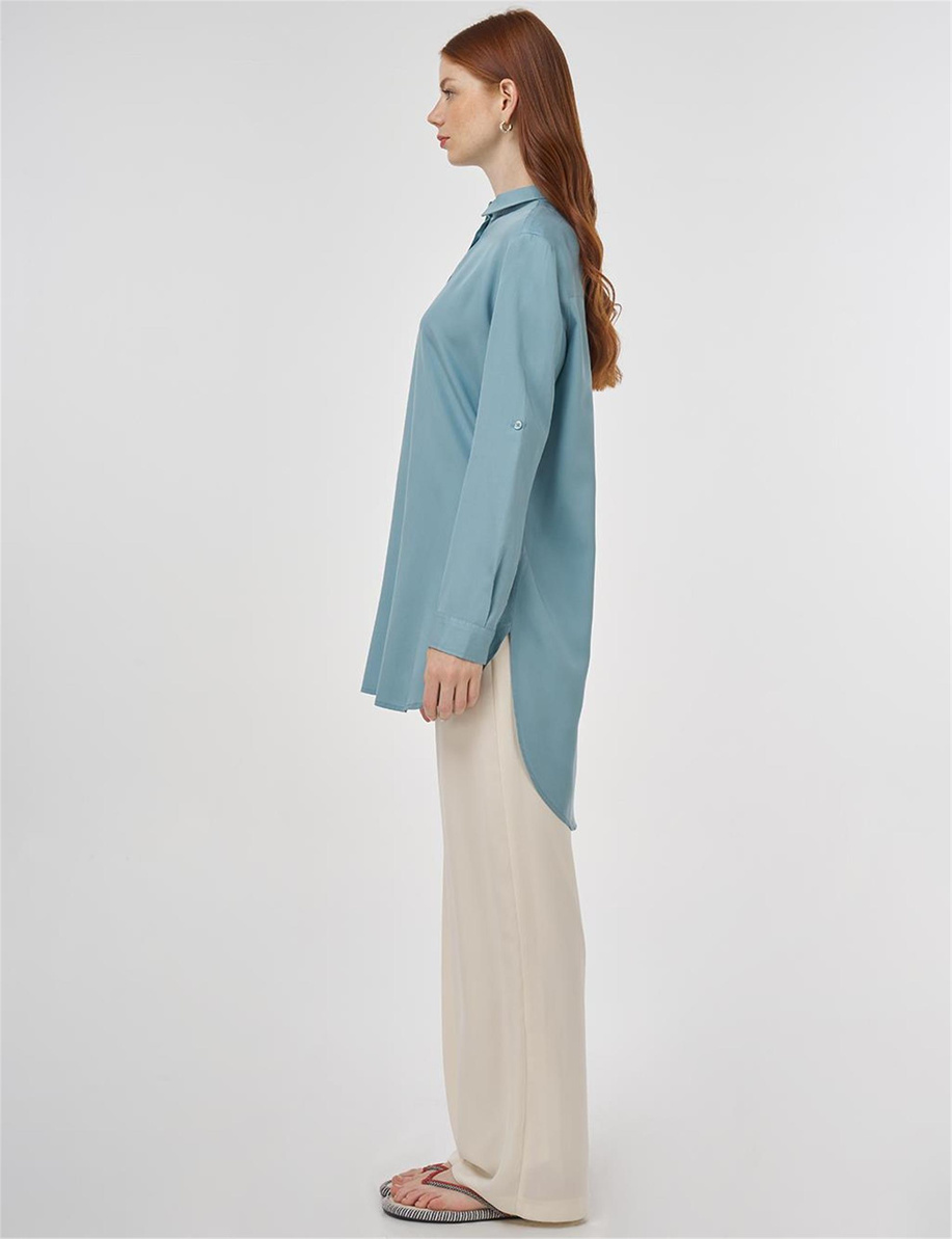 Nakış İşlemeli Lyocell Tunik Havacı Mavi