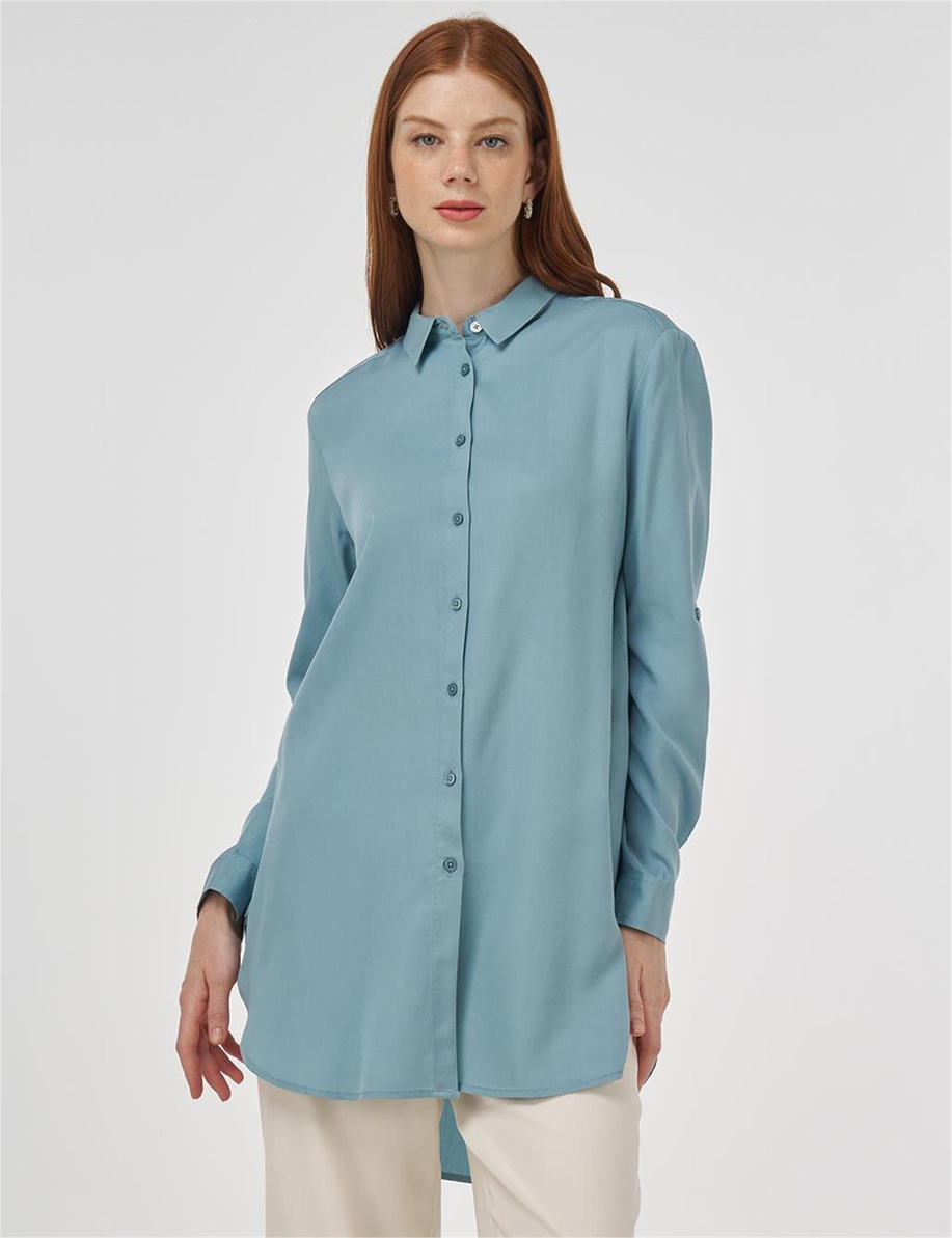 Nakış İşlemeli Lyocell Tunik Havacı Mavi