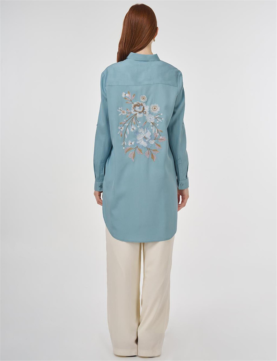 Nakış İşlemeli Lyocell Tunik Havacı Mavi