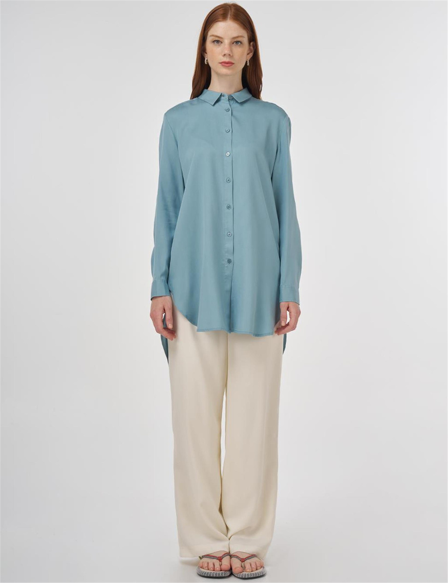 Nakış İşlemeli Lyocell Tunik Havacı Mavi