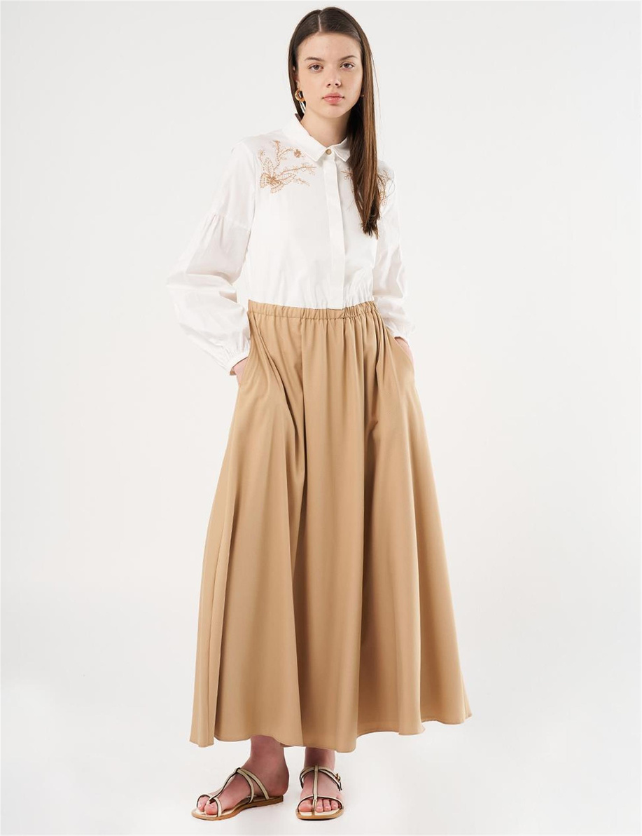 Nakış İşlemeli Maksi Elbise Bej