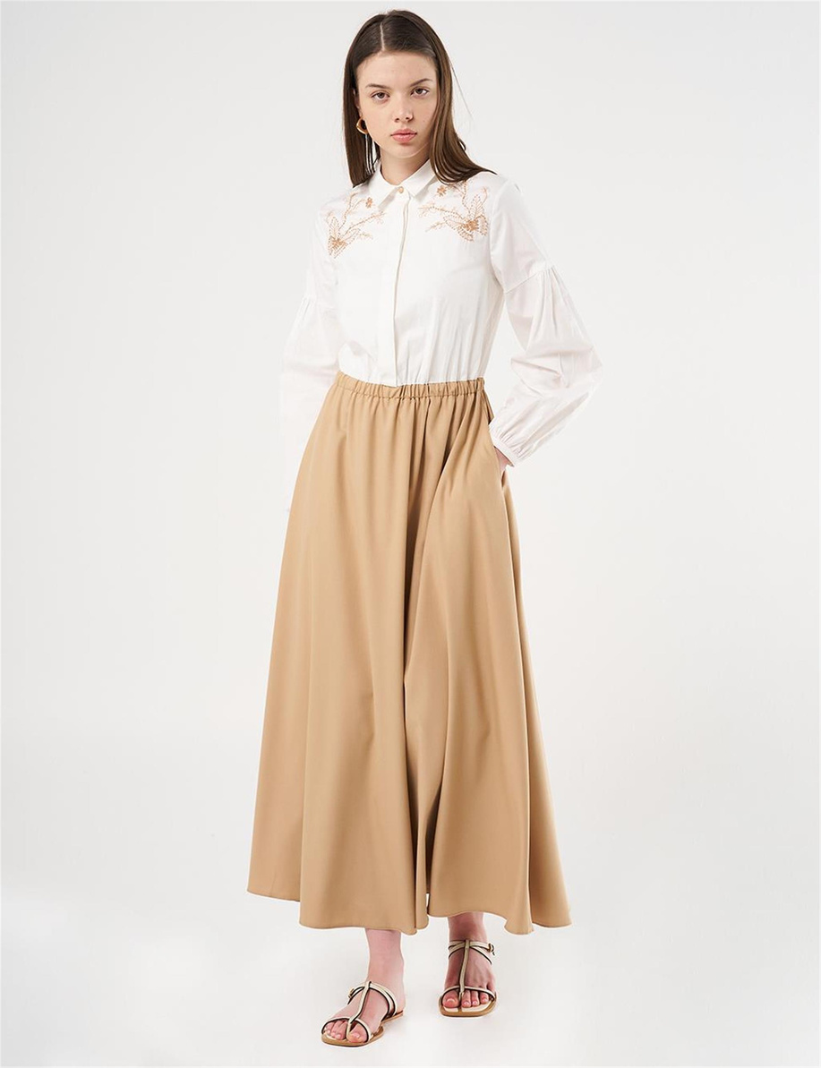 Nakış İşlemeli Maksi Elbise Bej