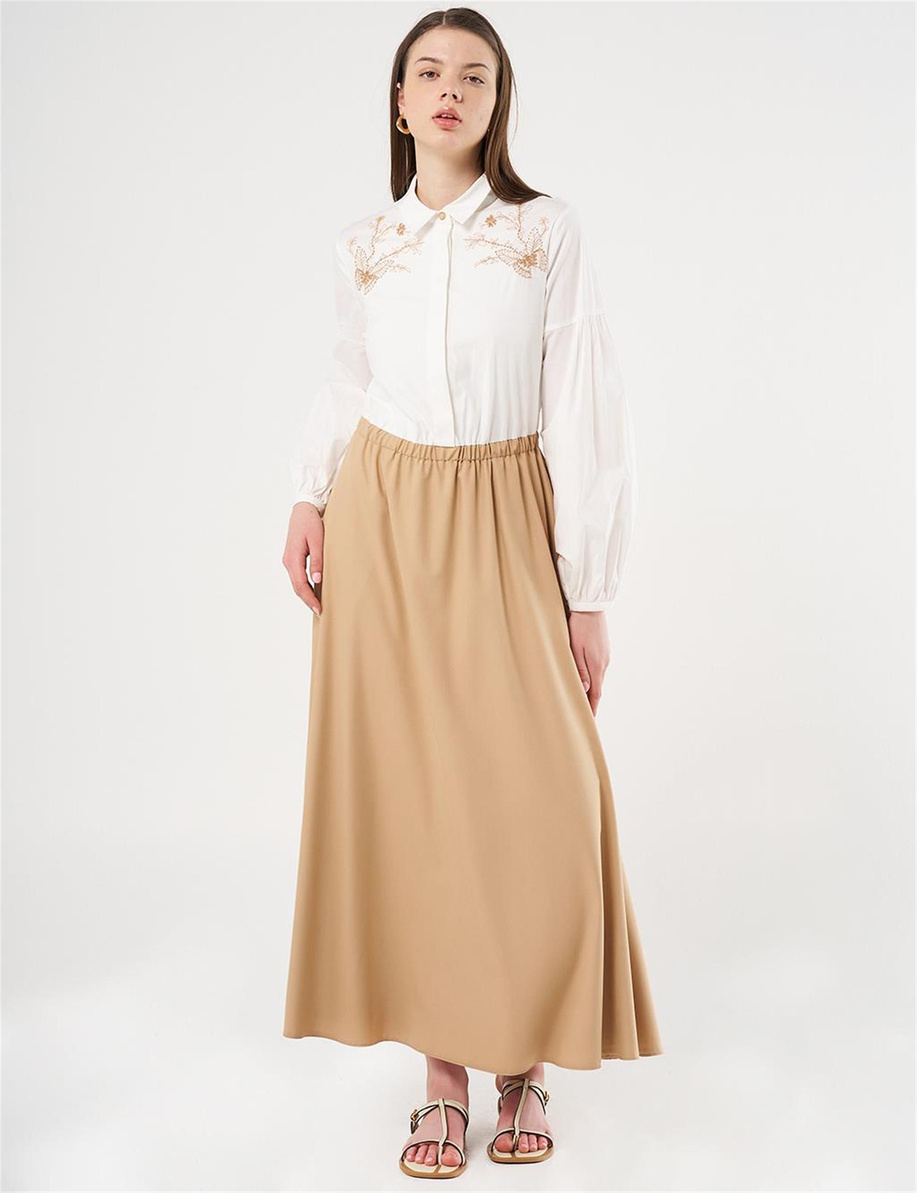 Nakış İşlemeli Maksi Elbise Bej