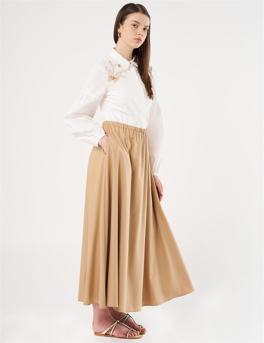 Nakış İşlemeli Maksi Elbise Bej