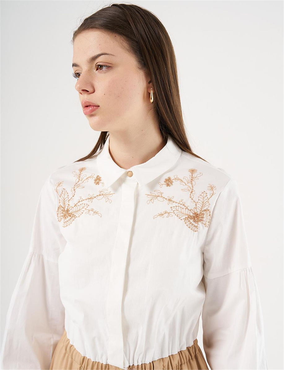 Nakış İşlemeli Maksi Elbise Bej