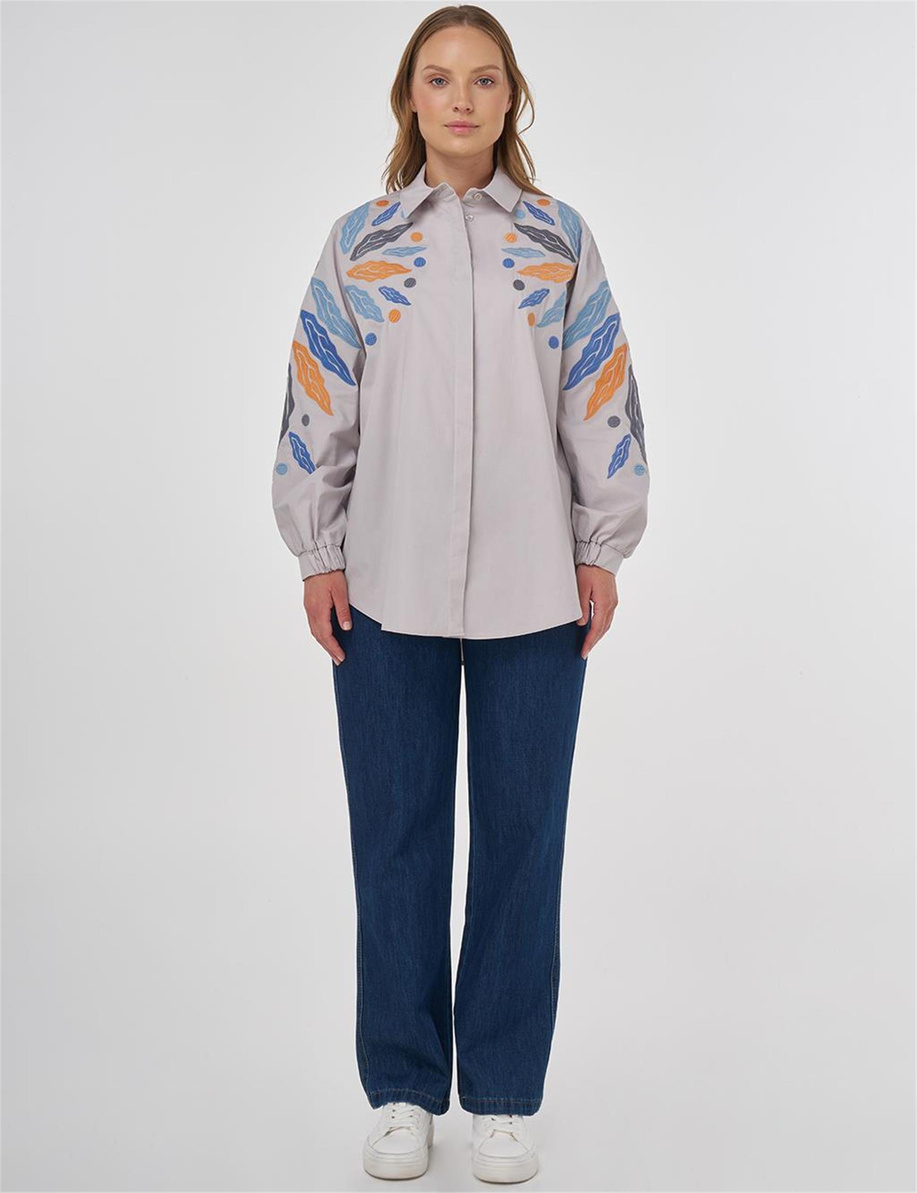 Nakış İşlemeli Pamuklu Tunik Açık Gri