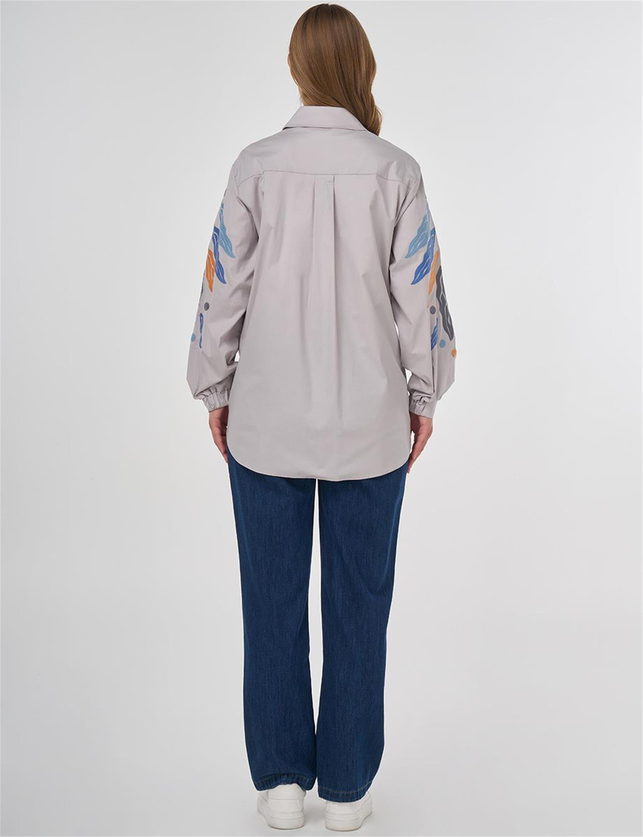 Nakış İşlemeli Pamuklu Tunik Açık Gri