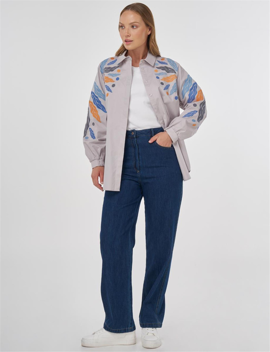 Nakış İşlemeli Pamuklu Tunik Açık Gri