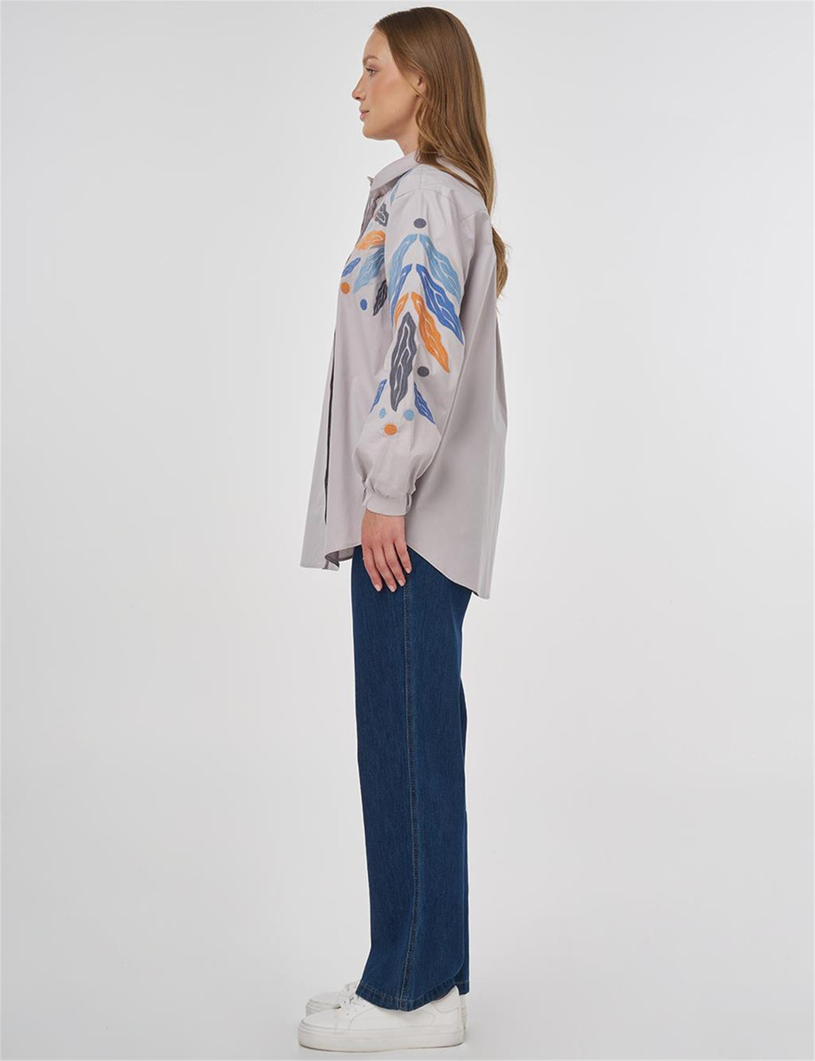 Nakış İşlemeli Pamuklu Tunik Açık Gri