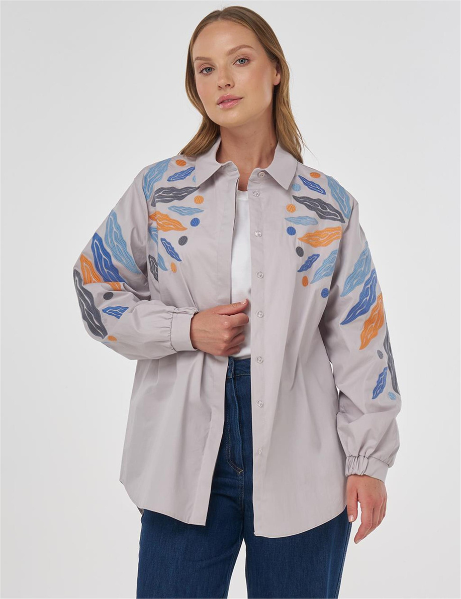 Nakış İşlemeli Pamuklu Tunik Açık Gri