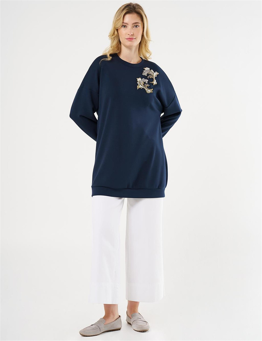 Nakış İşlemeli Scuba Sweatshirt Koyu Lacivert