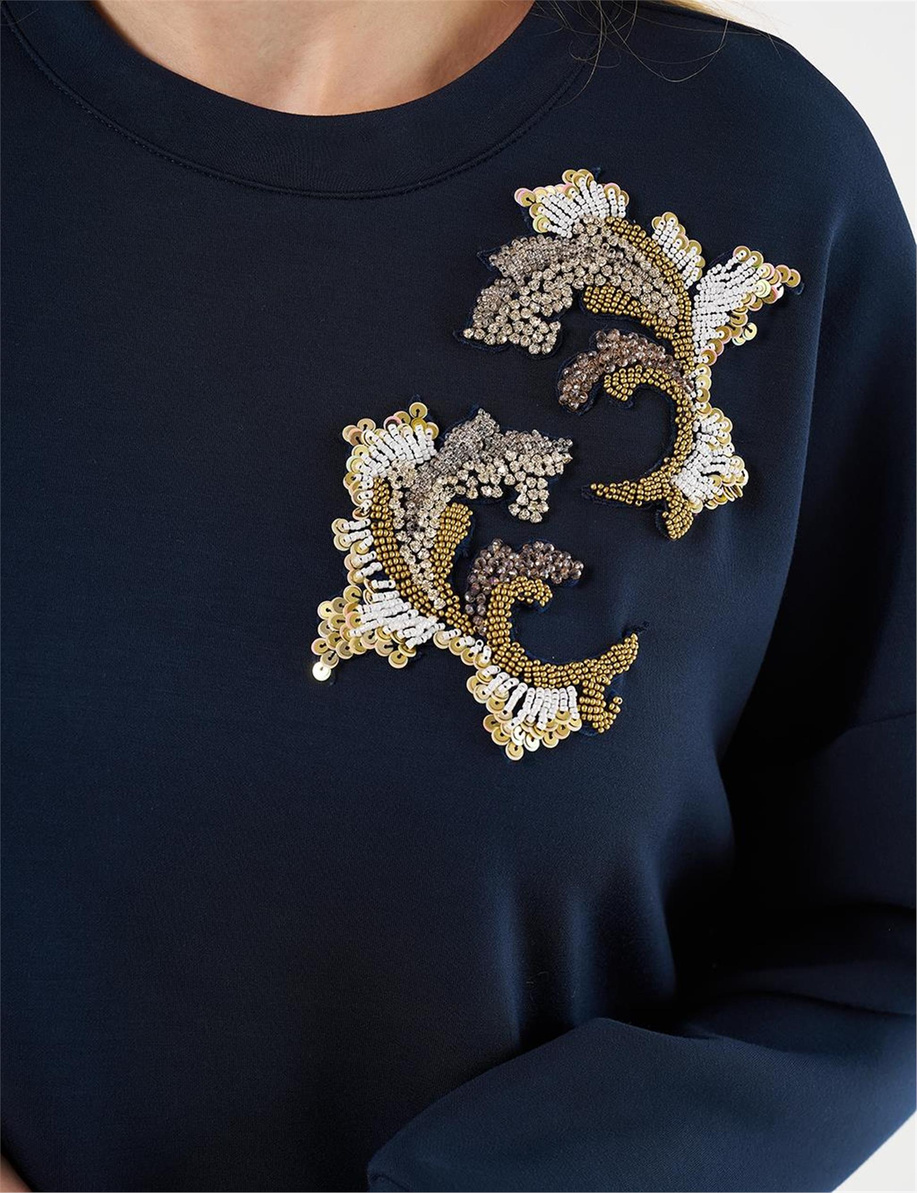 Nakış İşlemeli Scuba Sweatshirt Koyu Lacivert