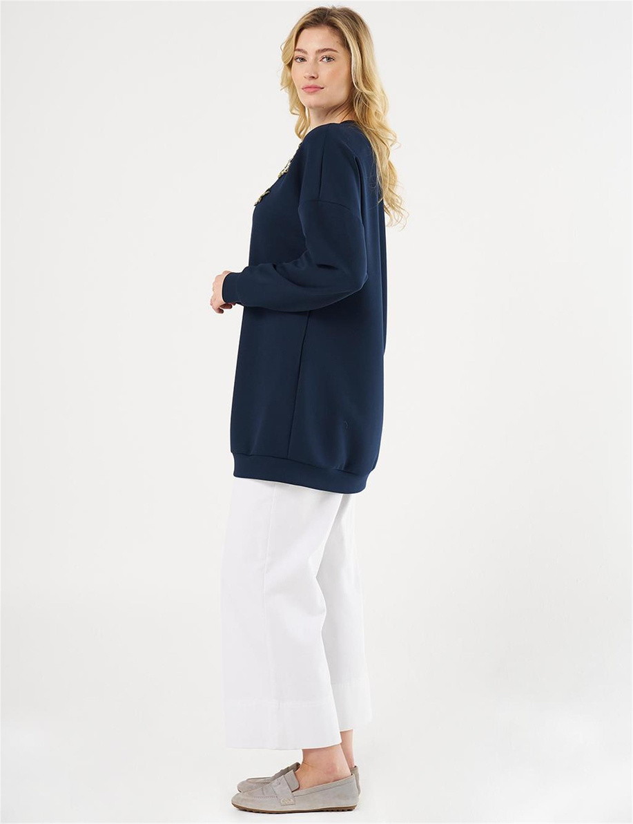 Nakış İşlemeli Scuba Sweatshirt Koyu Lacivert