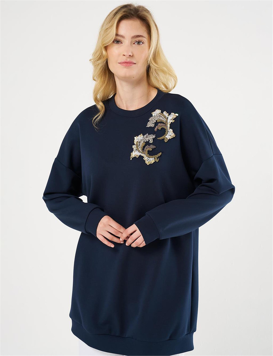 Nakış İşlemeli Scuba Sweatshirt Koyu Lacivert