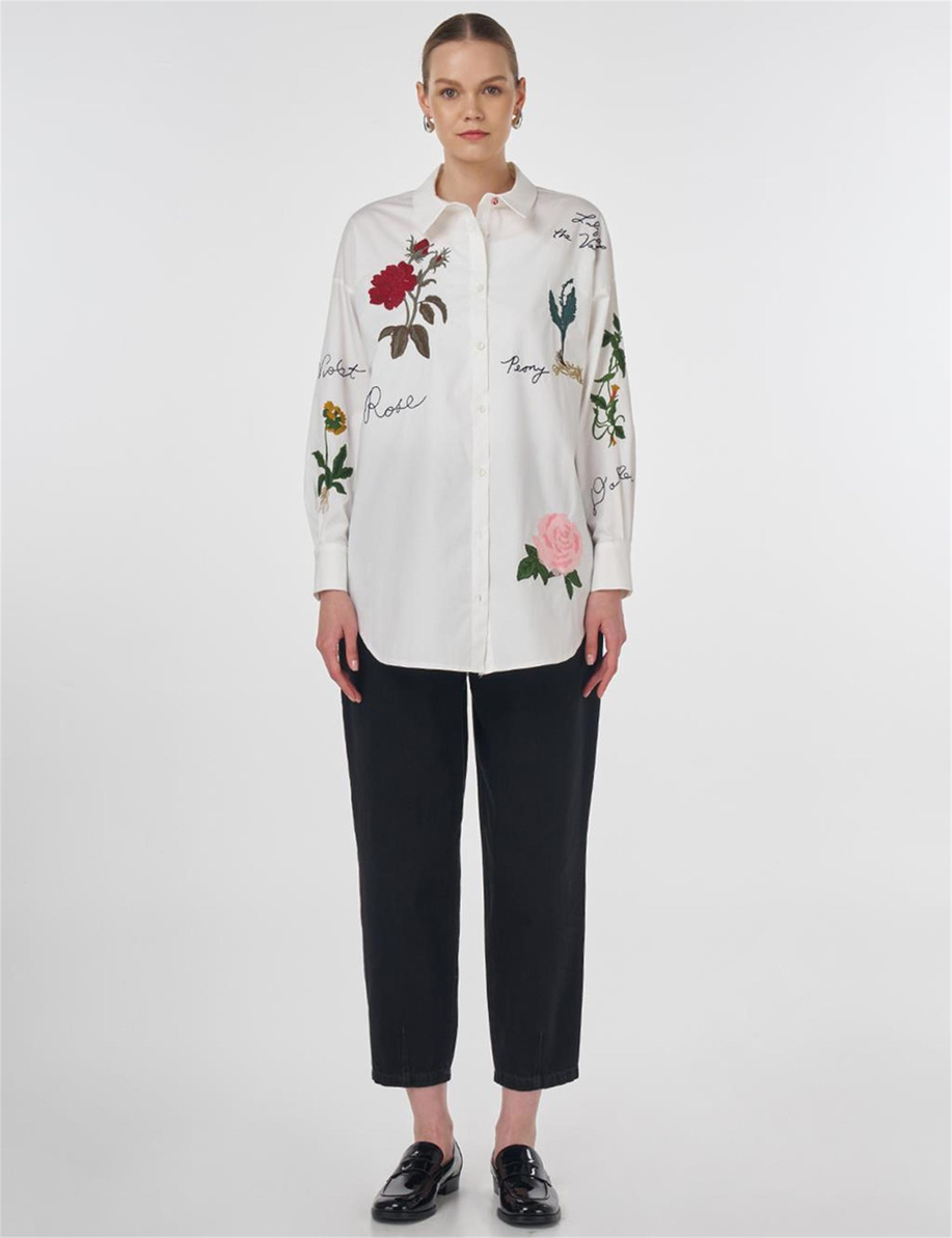 Nakış ve Slogan İşlemeli Pamuklu Tunik Ekru