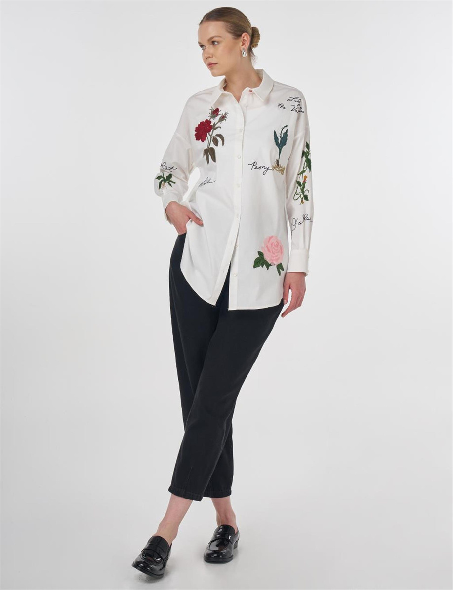 Nakış ve Slogan İşlemeli Pamuklu Tunik Ekru