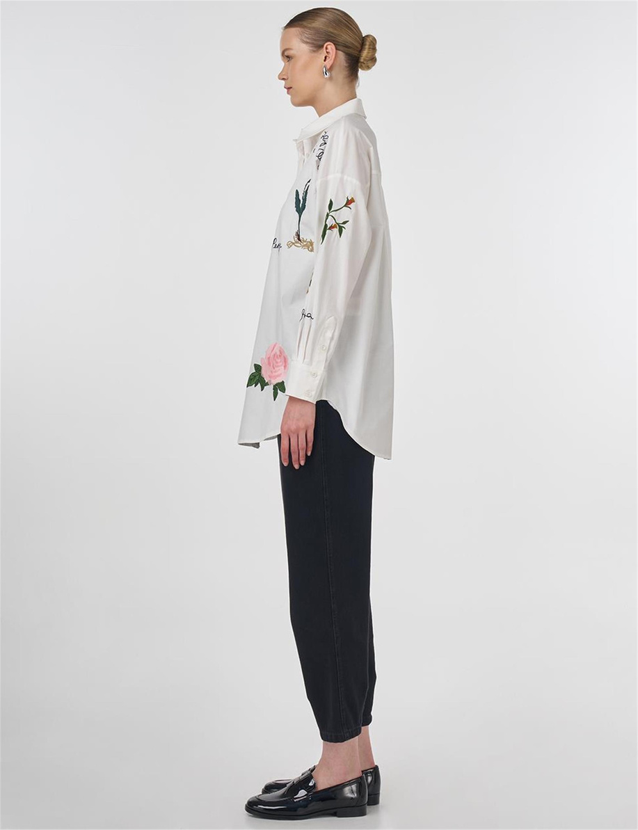 Nakış ve Slogan İşlemeli Pamuklu Tunik Ekru