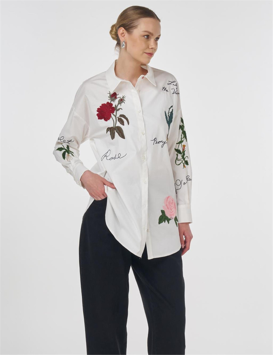 Nakış ve Slogan İşlemeli Pamuklu Tunik Ekru