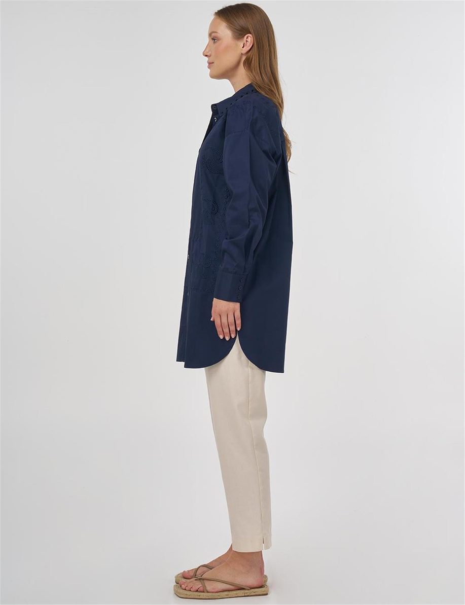 Nakışlı Gömlek Yaka Tunik Lacivert