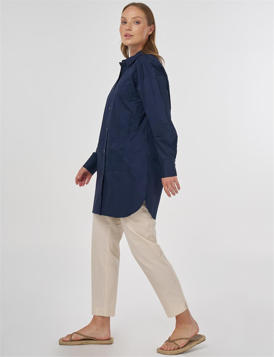 Nakışlı Gömlek Yaka Tunik Lacivert