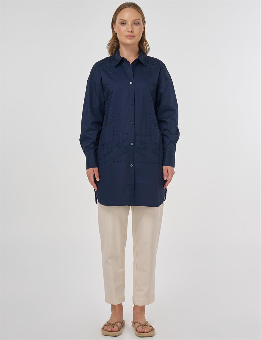 Nakışlı Gömlek Yaka Tunik Lacivert