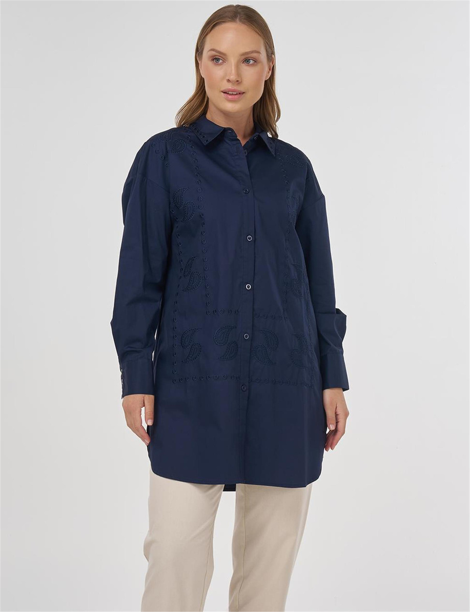 Nakışlı Gömlek Yaka Tunik Lacivert