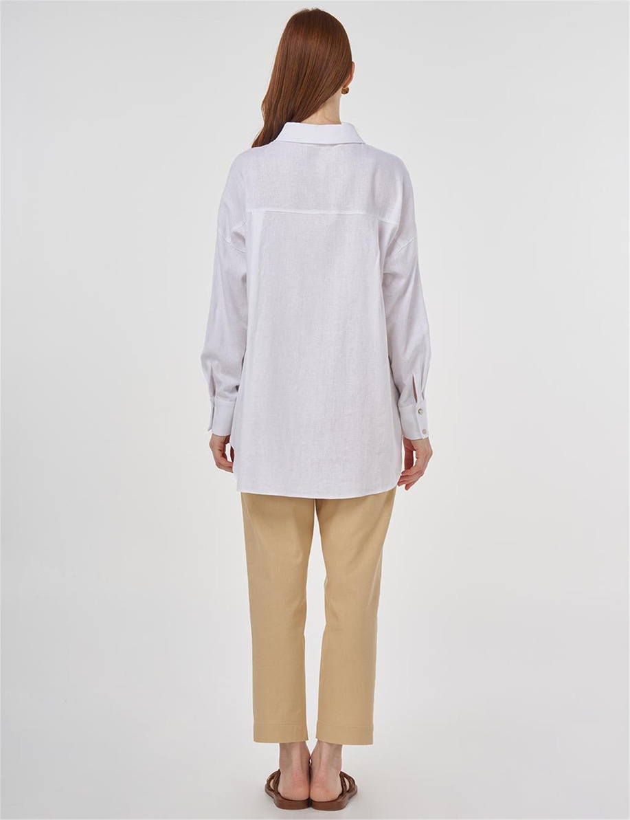 Nakışlı Keten Viskon Tunik Optik Beyaz