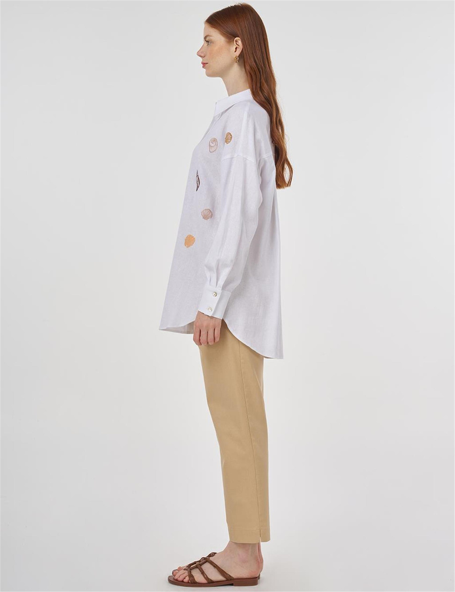 Nakışlı Keten Viskon Tunik Optik Beyaz