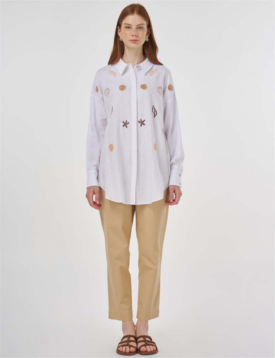 Nakışlı Keten Viskon Tunik Optik Beyaz