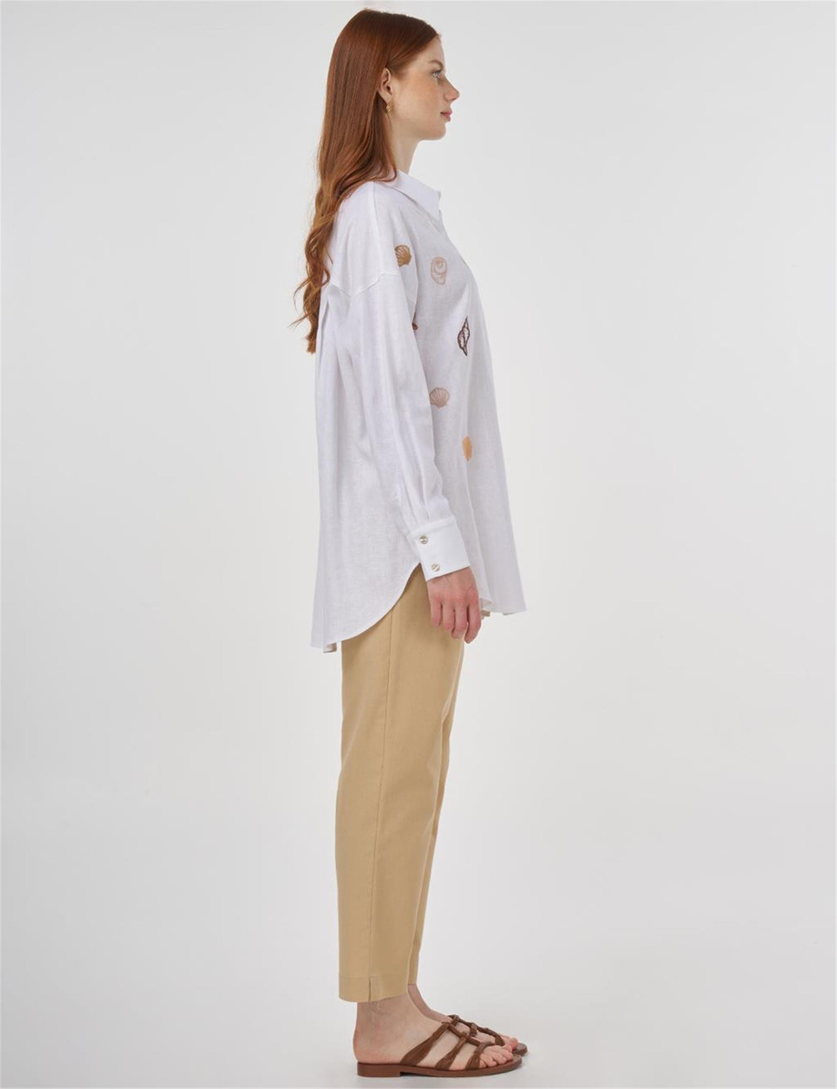 Nakışlı Keten Viskon Tunik Optik Beyaz