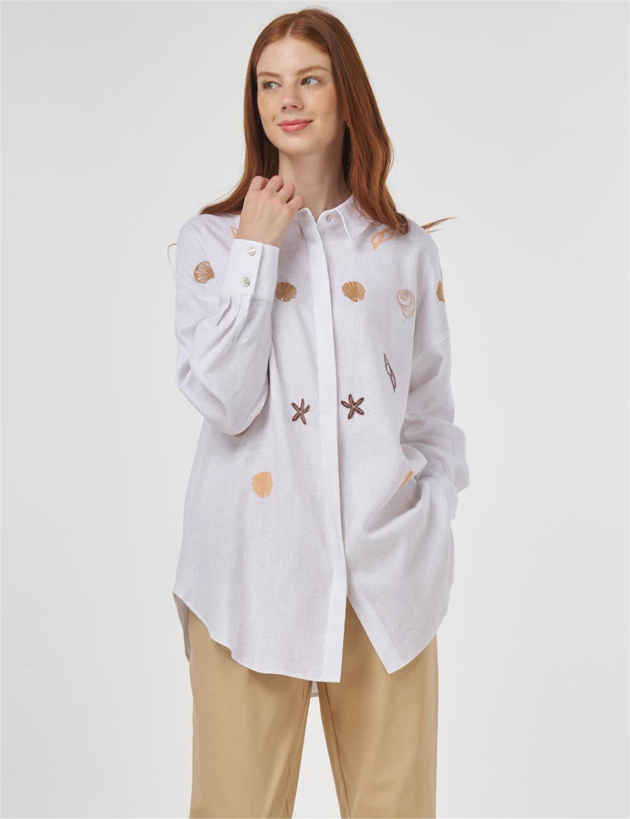 Nakışlı Keten Viskon Tunik Optik Beyaz