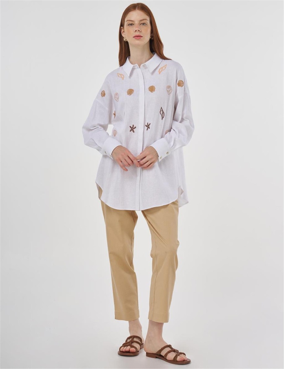 Nakışlı Keten Viskon Tunik Optik Beyaz