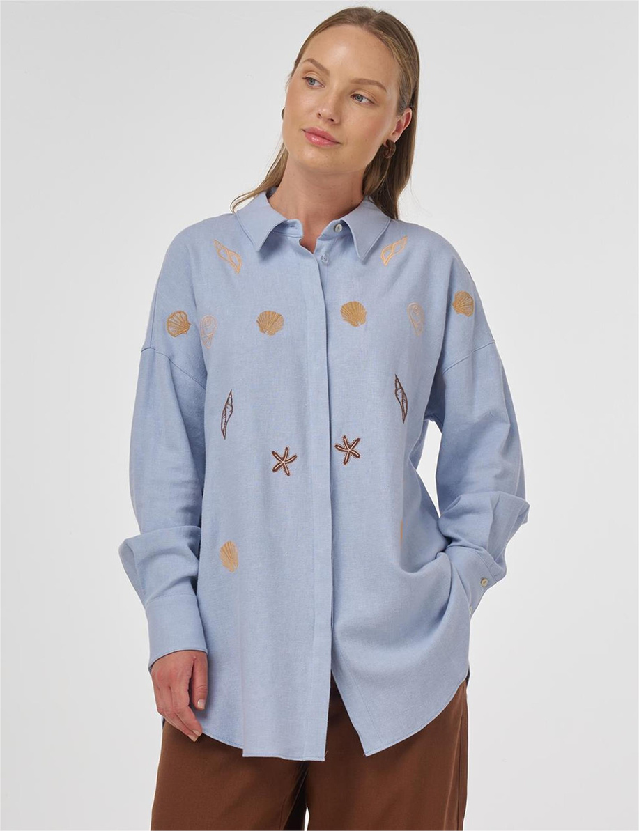 Nakışlı Keten Viskon Tunik Taç Mavisi